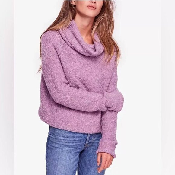 Free‎ People Stormy Women's Cowl Neck Sherpa Lavender Wool Blend Sweater Size L - Picture 1 of 11